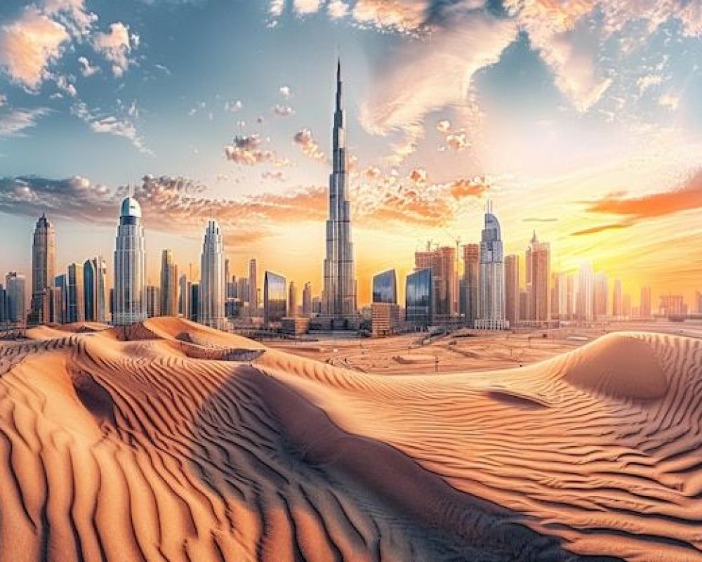 Dubai downtown skyline panorama at sunset with desert sand United Arab Emirates _ Premium AI-generated image Dubai downtown skyline panorama at sunset with desert sand United Arab Emirates _ Premium AI-generated image